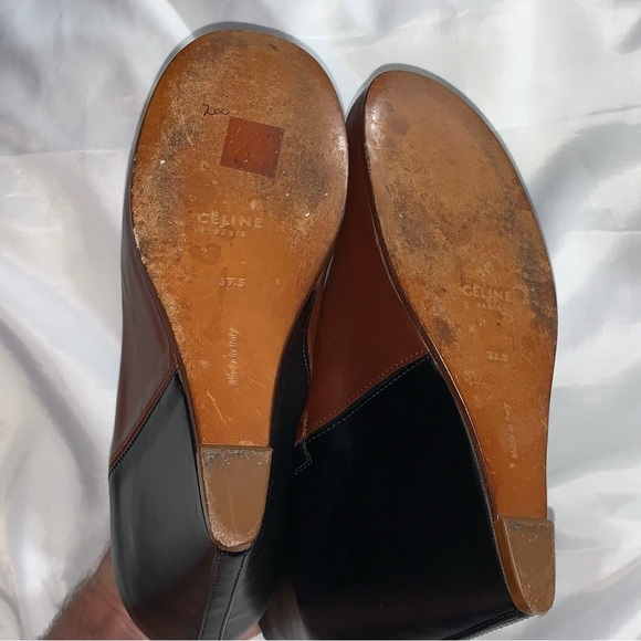 CELINE size 37.5 black/brown color block 2tone CALFSKIN platform wedge BOOTIES - Picture 11 of 16